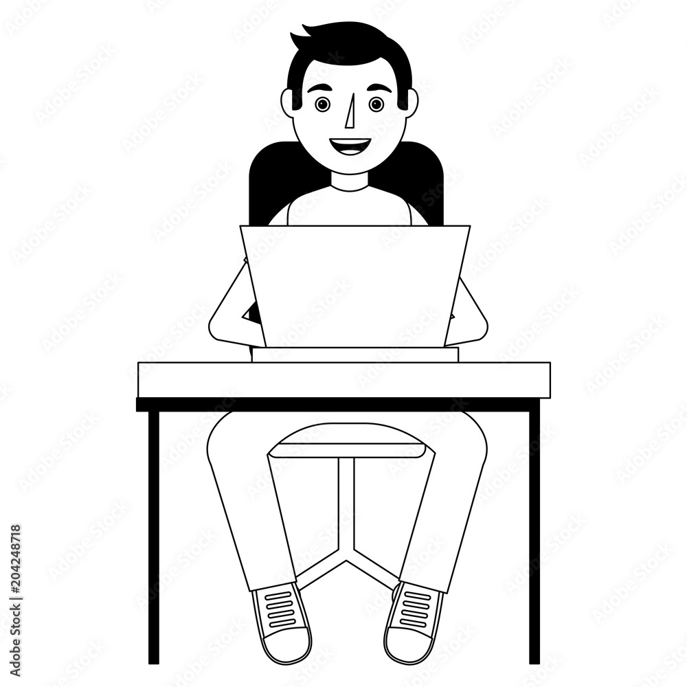 man working on a laptop computer office desk vector illustration