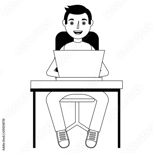 man working on a laptop computer office desk vector illustration