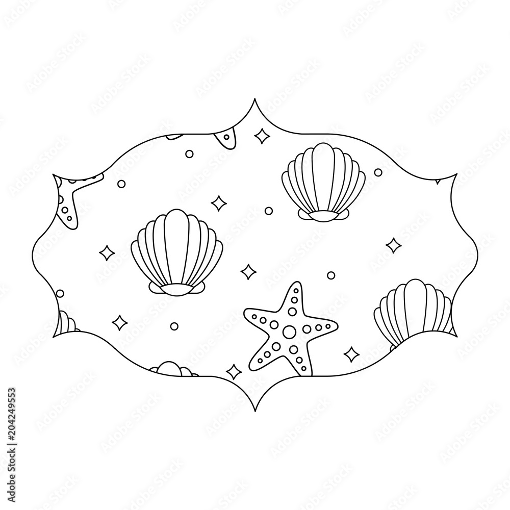 arabic frame with seashells and sea stars pattern over white background, vector illustration