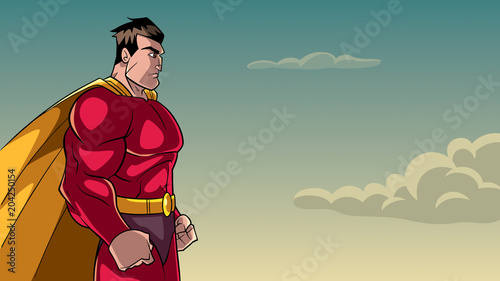 Side view illustration of a powerful and determined superhero with yellow cape looking forward ready for action on sky background for copy space.