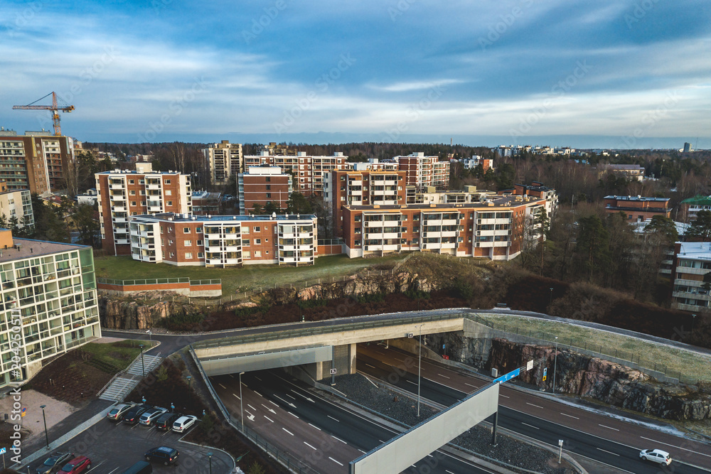 Aerial view of the entrance to tunnel under the houses, Espoo, Finland