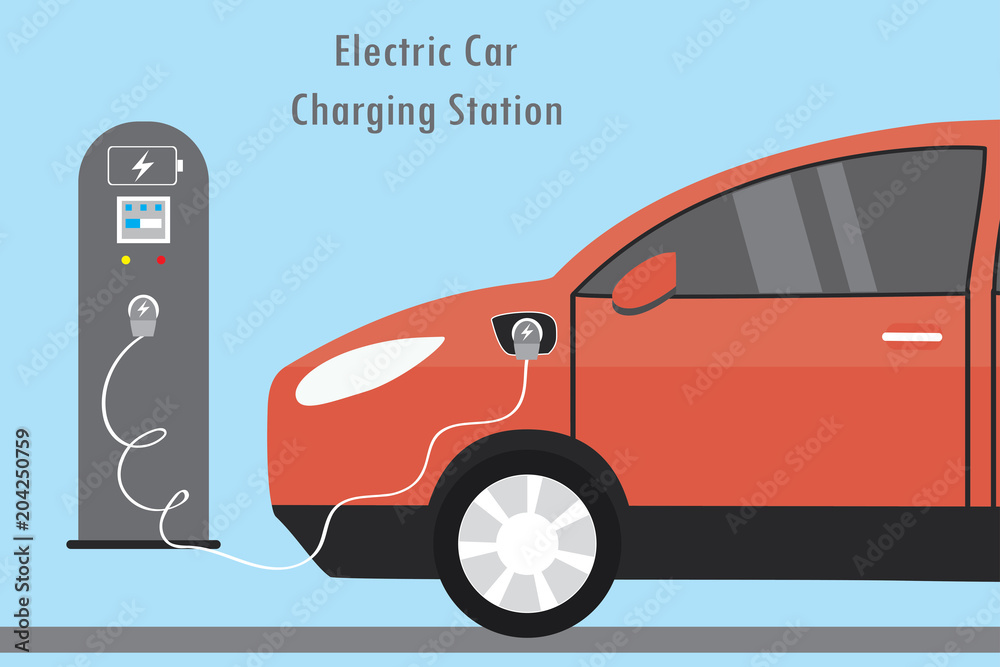 Modern Red Electric Car and Charging Station Modern Red Electric Car and Charging Station