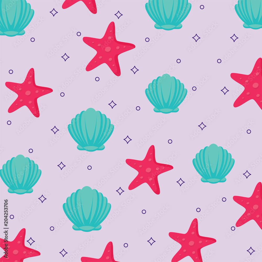 background of Seashells and Sea Stars pattern, colorful design. vector illustration