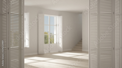 White folding door opening on modern scandinavian empty space with panoramic windows, white interior design, architect designer concept, blur background