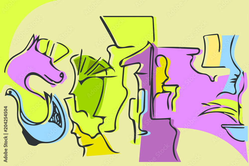 Abstract image of people dogs and birds Abstract image of people dogs and birds