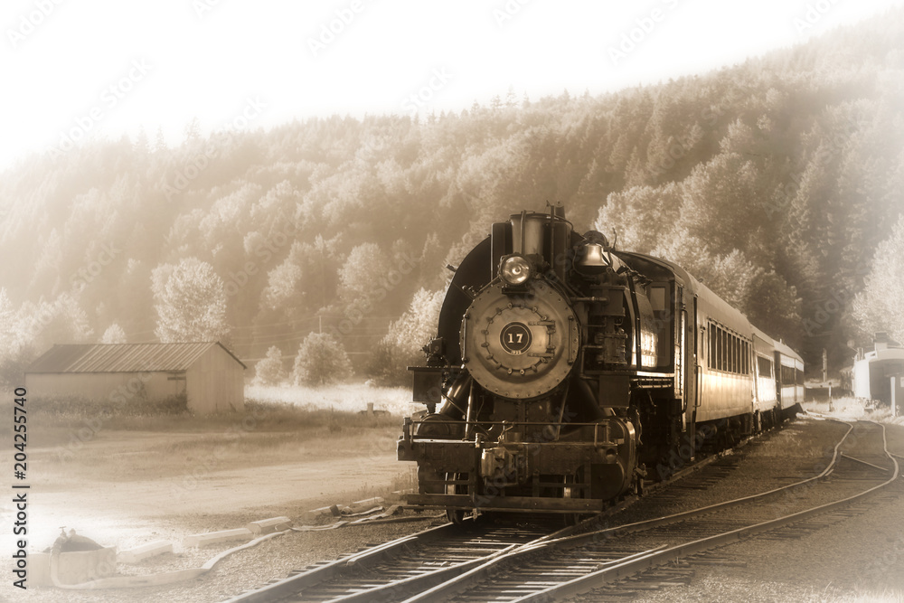 Naklejka premium Old 1927 locomotive and train at demonstration neat Mount Rainier national park in Washington state