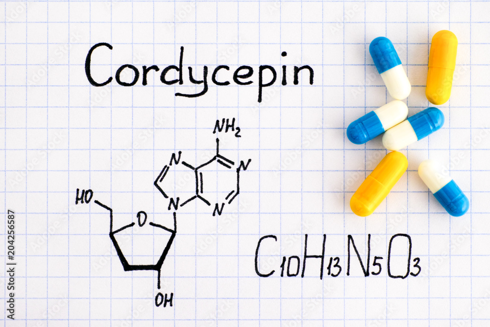 Chemical formula of Cordycepin with some pills. Chemical formula of Cordycepin with some pills.