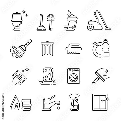 Cleaning Related icons: thin vector icon set, black and white kit