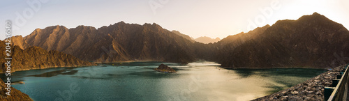 Canvas Print Hatta Dam Lake panorama at sunset, Dubai, UAE