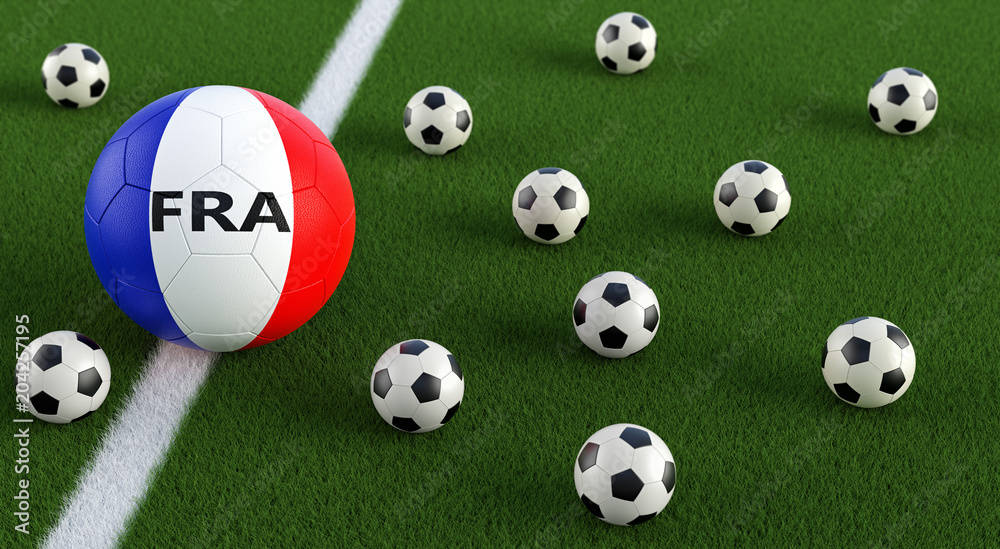 Soccer ball in french national colors on a soccer field. 3D Rendering 