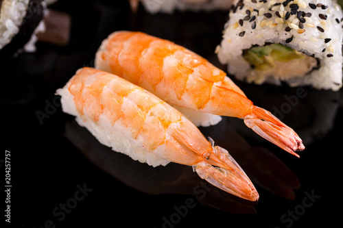 shrimp nigiri, close up on sushi set