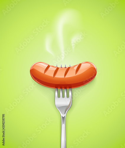 Grilled sausage at fork. Meat food. Grill frankfurter. Fried