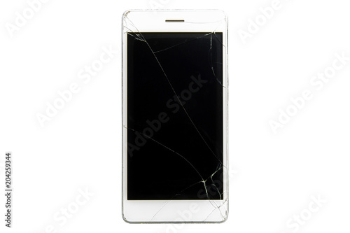 Broken mobile screen isolated on white background with clipping path.