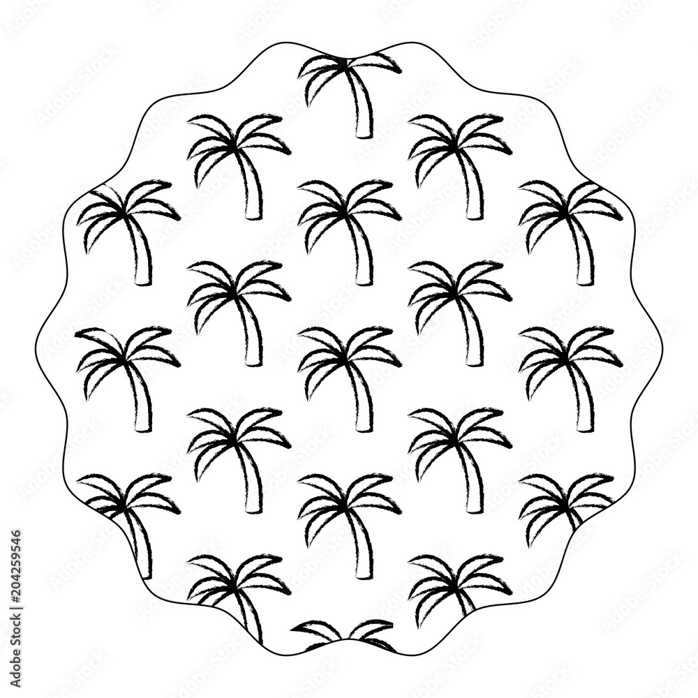 decorative circular frame with tropical palms pattern over white background, vector illustration