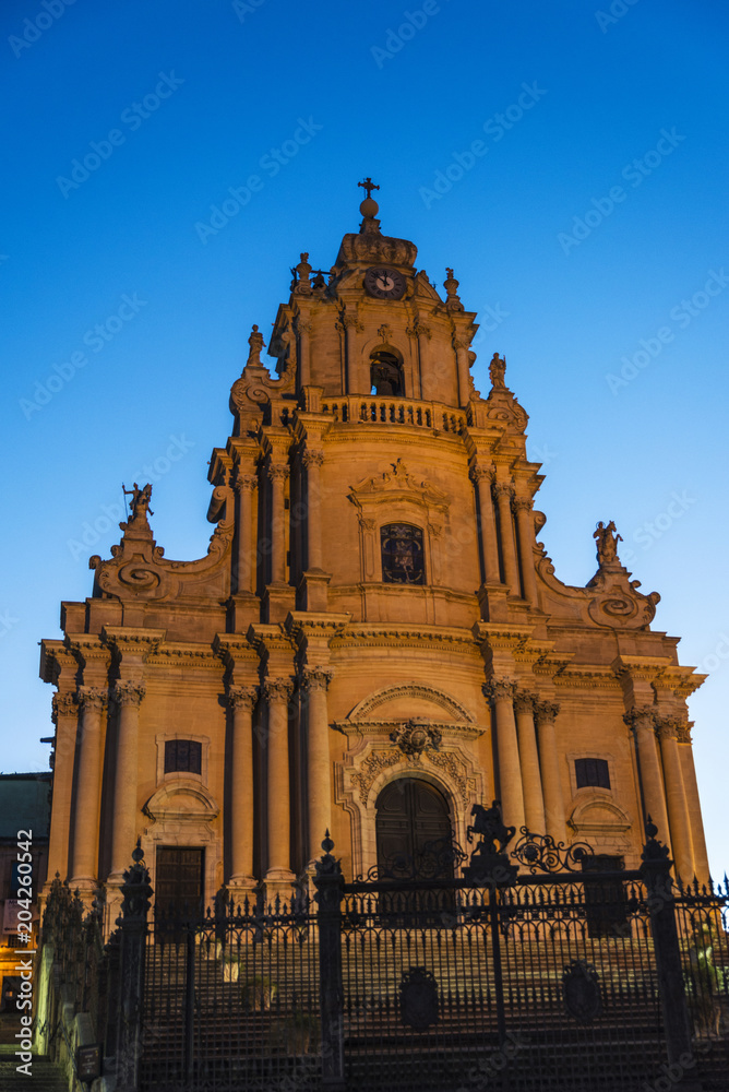 Cathedral of San Giorgio at night in Ragusa, Sicily, Italy