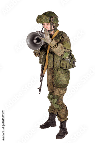 russian special forces soldier with rifle on dark background. army, military and people concept