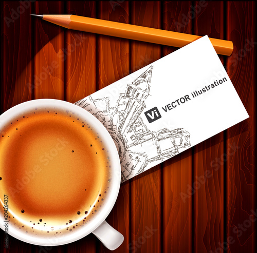 Vector realistic illustration: cup of coffee with business card and pencil on a wooden table. Element for design, advertising, banner