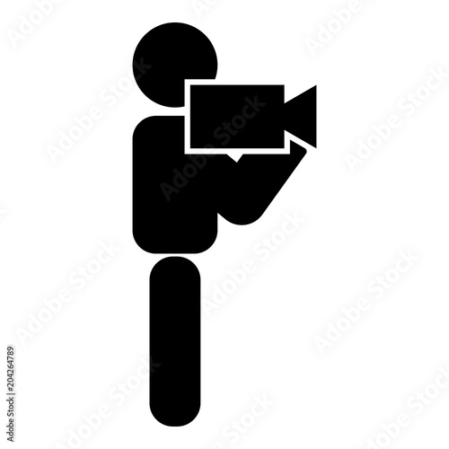 Man with video camera stick icon black color illustration flat style simple image