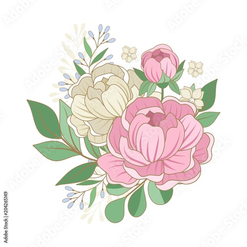 Vector flowers, floral bouquet, leaves and twigs. Composition for a wedding or a postcard. Vector illustration.