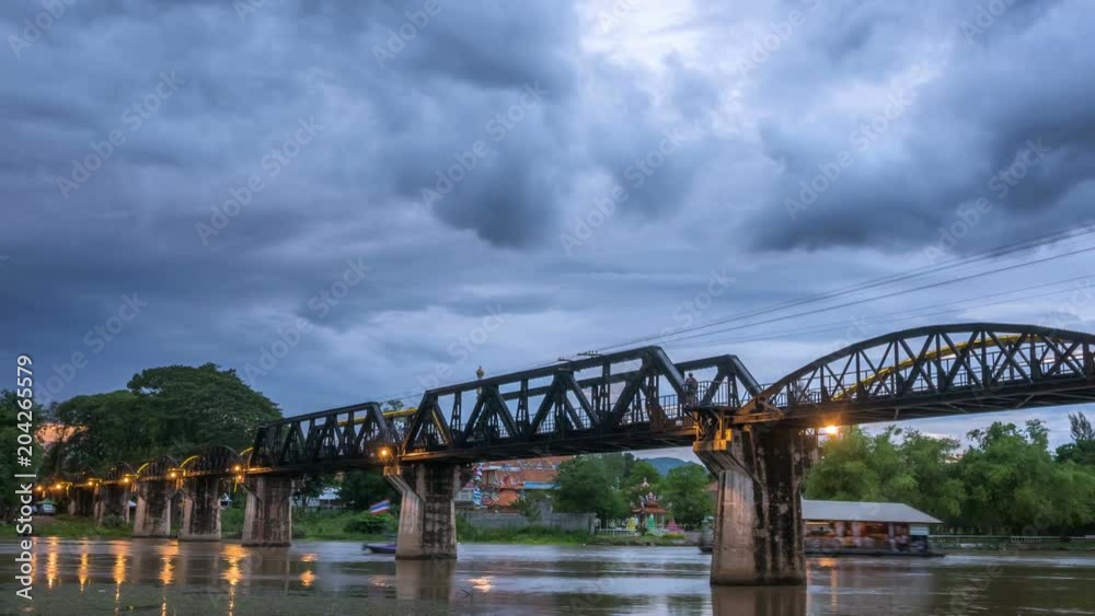 4k time-lapse,Bridge on the River Kwai,The death railway bridge is a history of world war ii, the death railway bridge over Kwai river built by Japanese soldiers at dusk, Kanchanaburi, Thailand