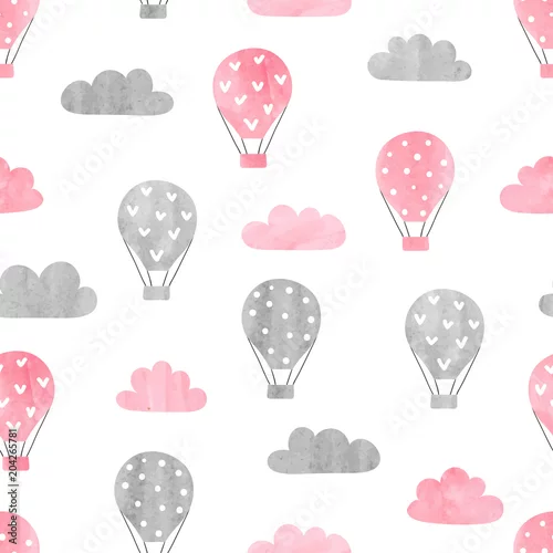 Tapety Wzór z akwarela balony i chmury. Nadruk dla dzieci, design dla dzieci.