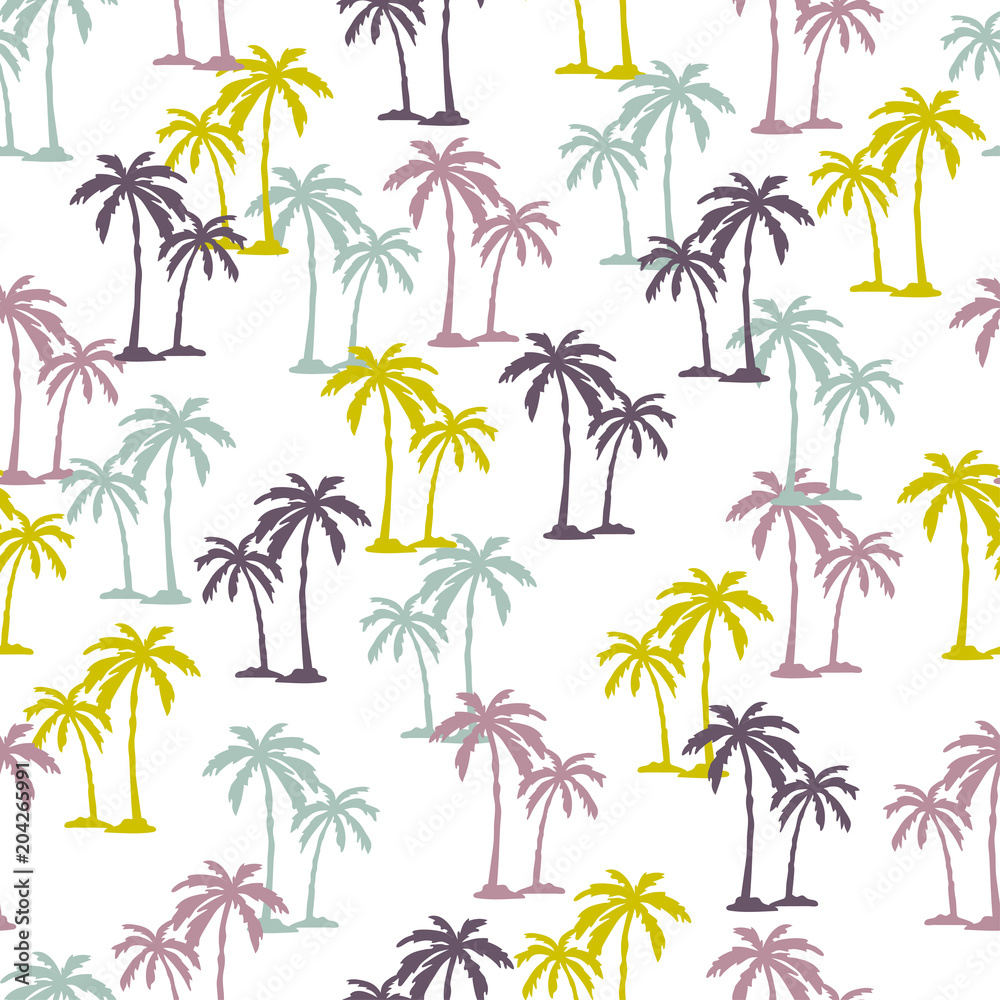 Seamless pattern with colorful palm trees. Vector tropical background.