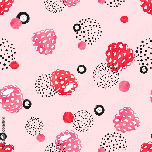 Abstract seamless pattern in pink and black color with watercolor raspberry and dots.