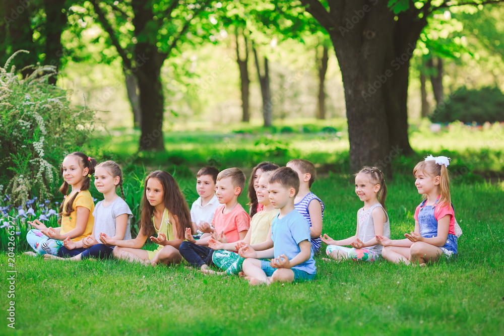 A large group of children engaged in yoga in the Park sitting on the grass. A large group of children engaged in yoga in the Park sitting on the grass.