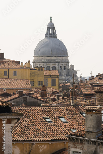 Panoramic view on the roofs of Venice with the church Santa Maria della Salute in the background, Italian landscape.