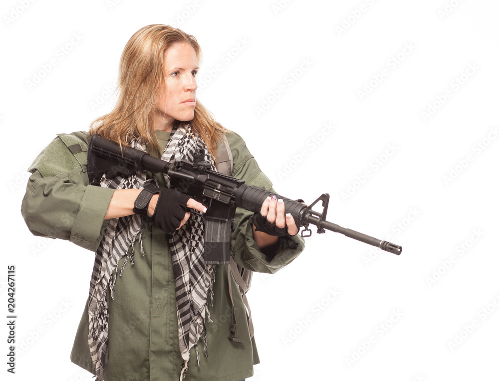 Female doomsday survivor with rifle.