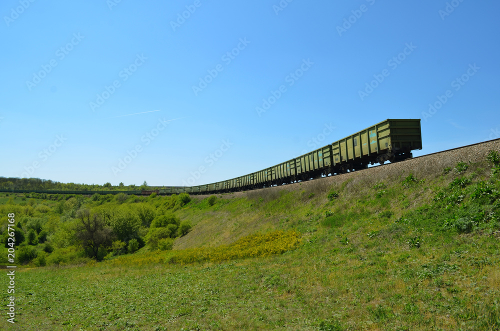 The end of freight train moving among forests and meadows