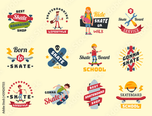 Skateboarders people tricks silhouettes sport badge extreme action active skateboarding urban young jump person vector illustration.