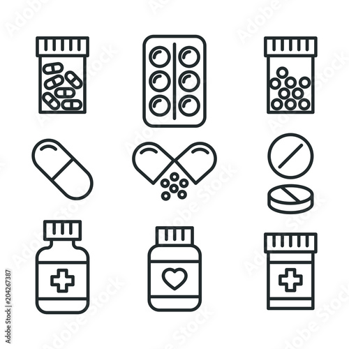 Medical pills and bottles icons set