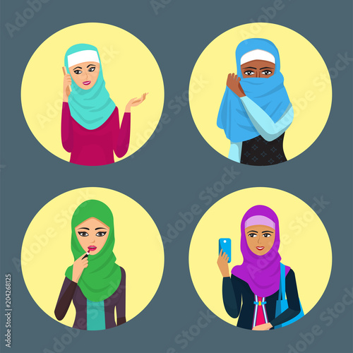 Arabic woman adult character Arabian Asia nationality islamic girl face in hijab vector illustration