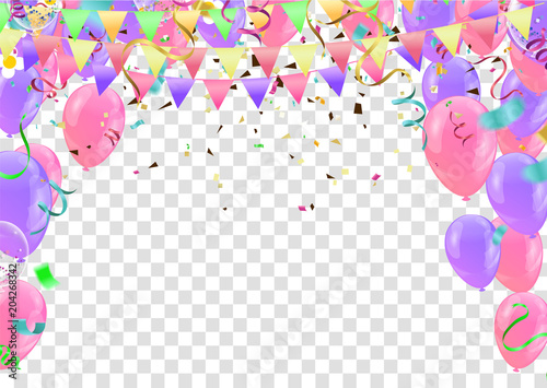 Colorful birthday balloons and confetti Festive  Background Vector. Ready for Text and Design