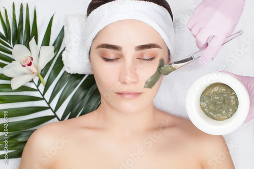 The procedure for applying a mask from clay to the face of a beautiful woman. Spa treatments and care of the face in the beauty salon.