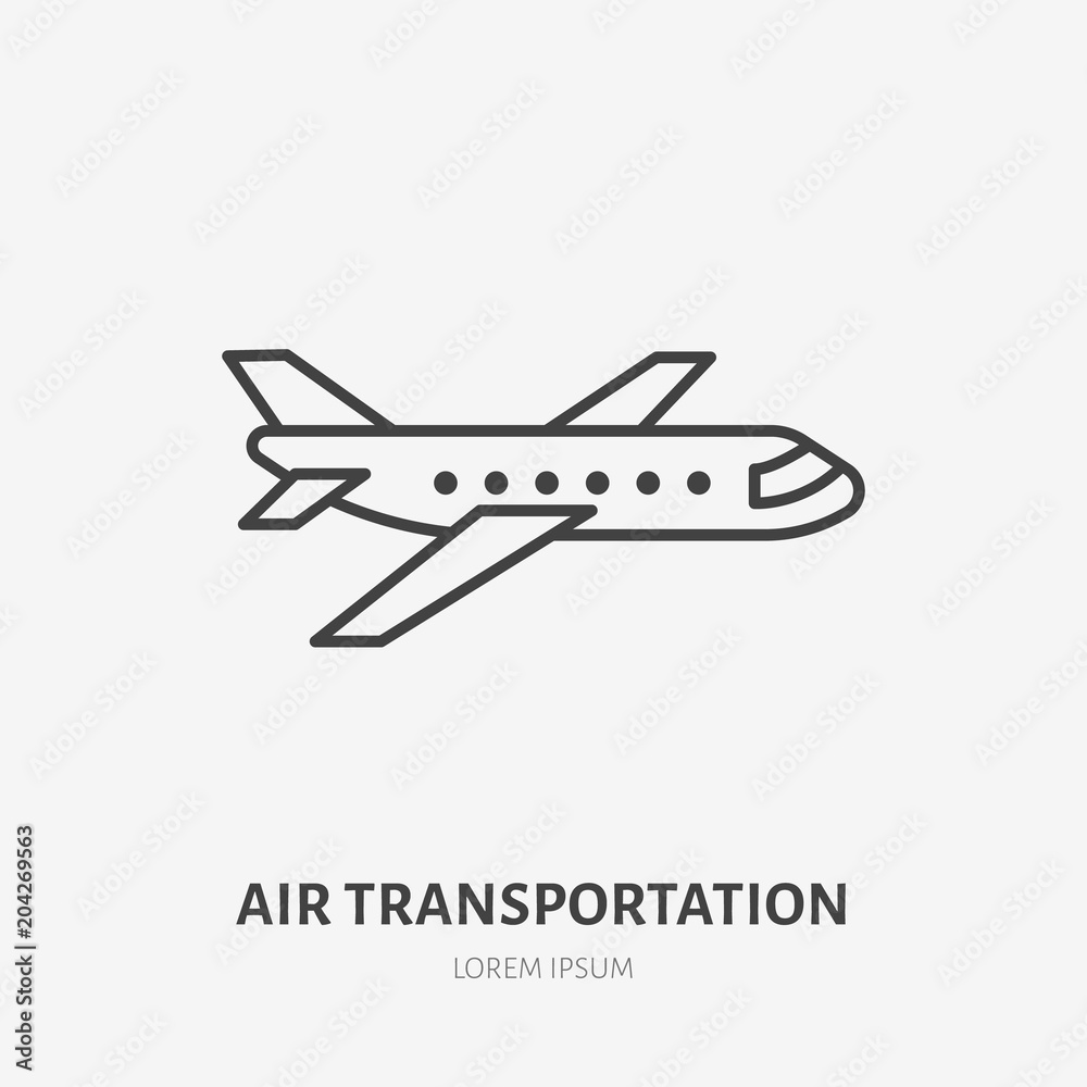 Airplane flat line icon. Jet sign. Thin linear logo for air delivery, freight services or travel.
