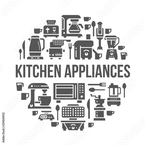 Kitchen small appliances equipment banner illustration. Vector glyph icons of household cooking tools - blender, mixer, food processor, coffee machine, microwave, toaster. Electronics circle template.