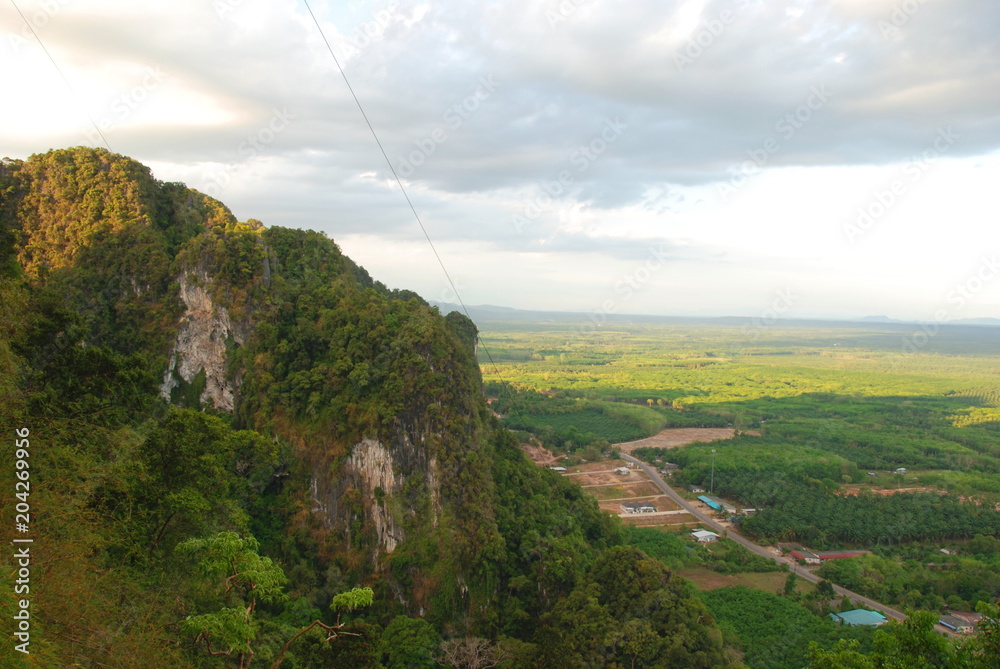 View from Tiger Cave to beautiful mountains and rocks of Krabi, Thailand