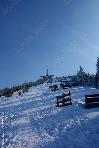 Winter snowy view on the highest mountain called Lysa Hora, Beskydy, Czech Republic