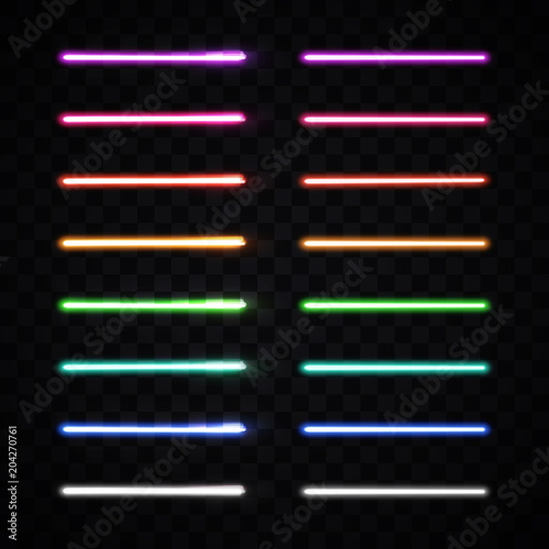 Halogen or led light lamp elements pack for night party or game design. Neon light tubes set. Colorful glowing lines or borders collection isolated on transparent background. Color vector illustration