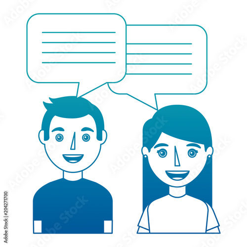 woman and man with dialog speech bubbles vector illustration neon design