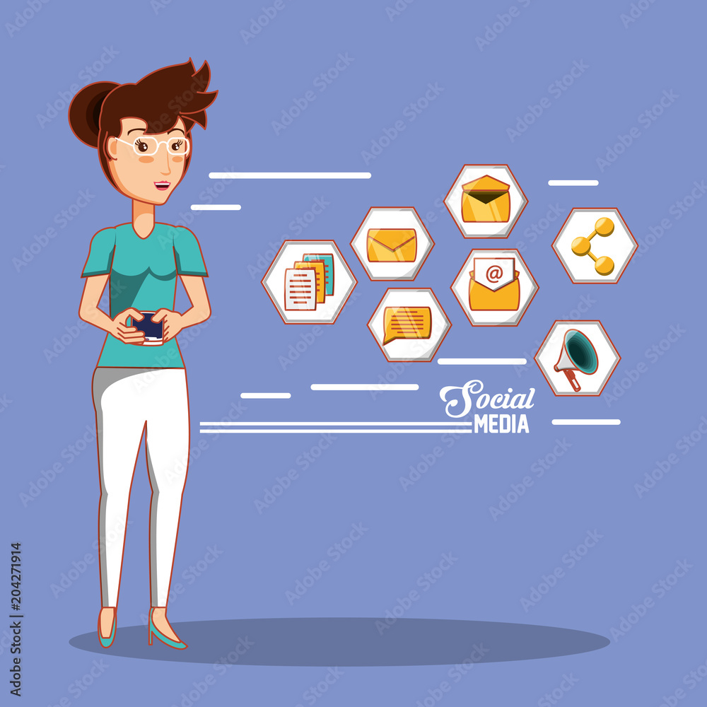 businesswoman with social media icons vector illustration design businesswoman with social media icons vector illustration design