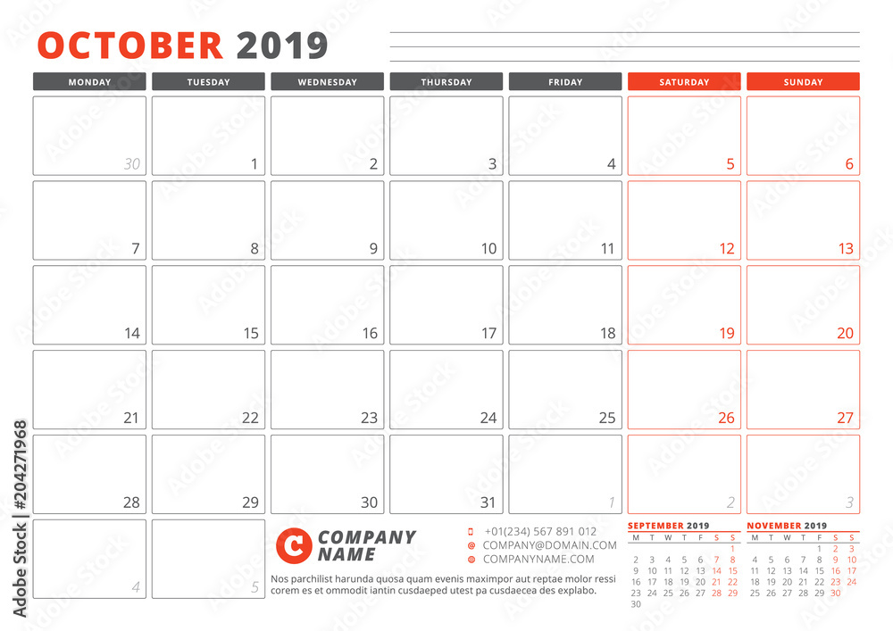 Calendar Template for October 2019. Business Planner Template ...