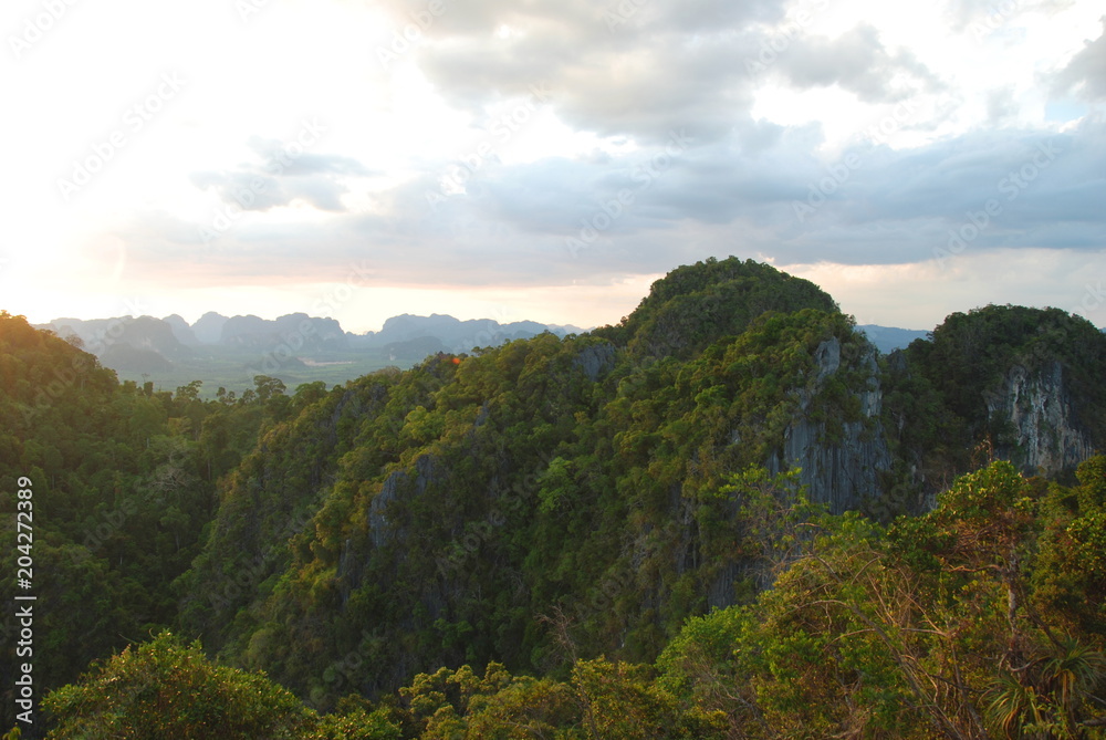 View from Tiger Cave to beautiful mountains and rocks of Krabi, Thailand