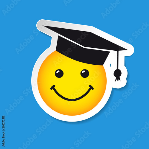 Graduating smiling sign with square academic cap. Congratulating greetings white logotype template, idea for graduates, isolated design graphics for decoration on blue background.