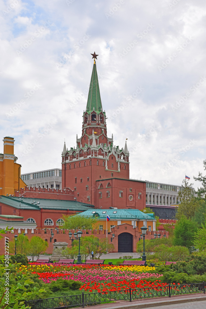 The Trinity Tower of the Moscow Kremlin was built by the Italian architect Aloysio da Milano in 1495. The tallest of the Kremlin towers. The height is 80 meters.  Moscow,  April 2018.