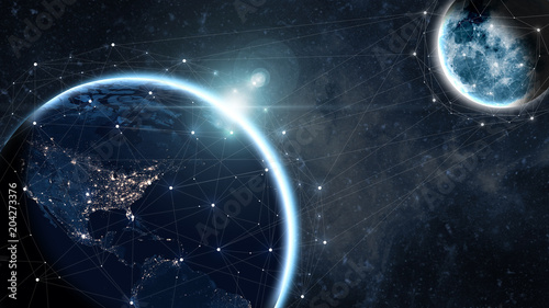 Fototapeta Naklejka Na Ścianę i Meble -  Global communication network concept network dots surrounding planet earth with focus on America. Information exchange via satellites.