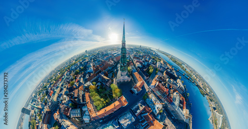 Old City Riga Big Peter chirch Monument drone 360 vr view
