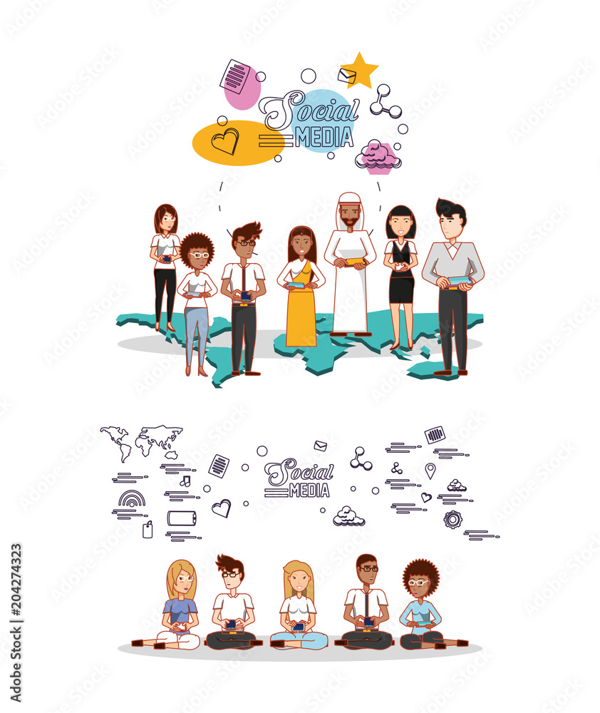 Fototapeta premium people of different ethnic groups with social media icons vector illustration design